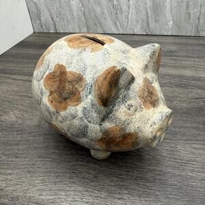 Tan Ceramic Piggy Bank with Brown Flowers – 6" x 5" x 4.5"